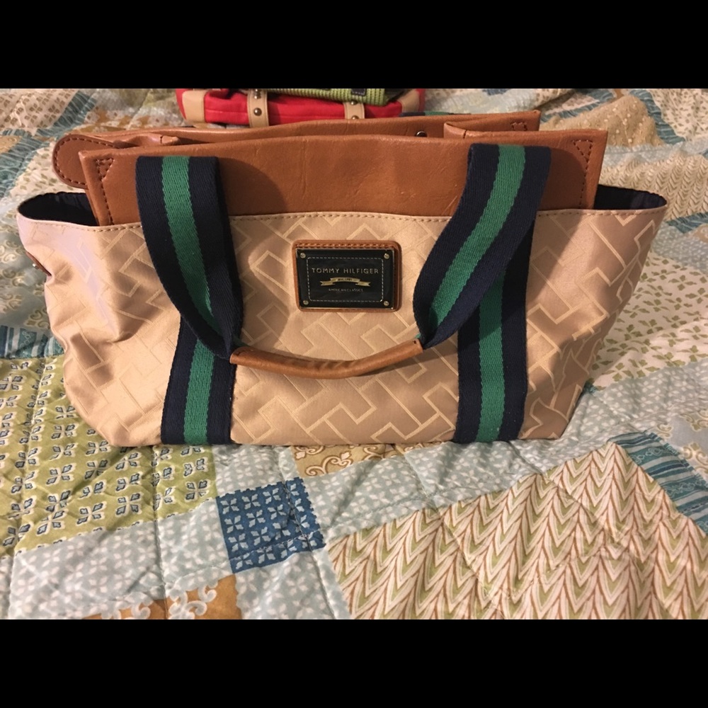 Tan, navy and green purse
